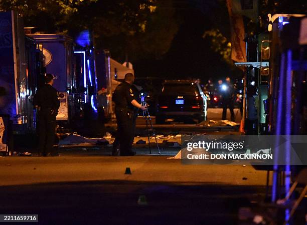 Vancouver police investigate a crime scene after a man drove into pedestrians at the annual Lapu Lapu festival celebrating Filipino culture, at East...