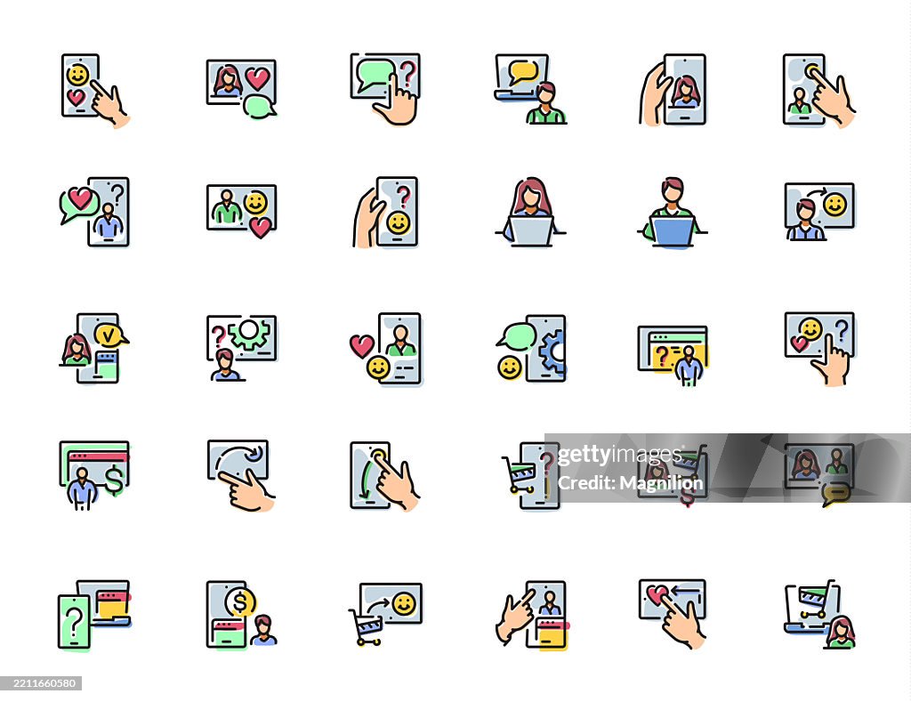 Online Communication, User Feedback, Chatbot Interactions, and Virtual Assistance in Various Digital Contexts, Vector Icons Set, Editable Stroke