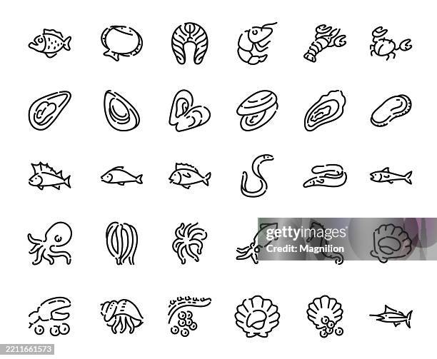 seafood line icons including fish, shrimp, shellfish, mollusks, crustaceans, and sea creatures, editable stroke - lobster fishing stock illustrations