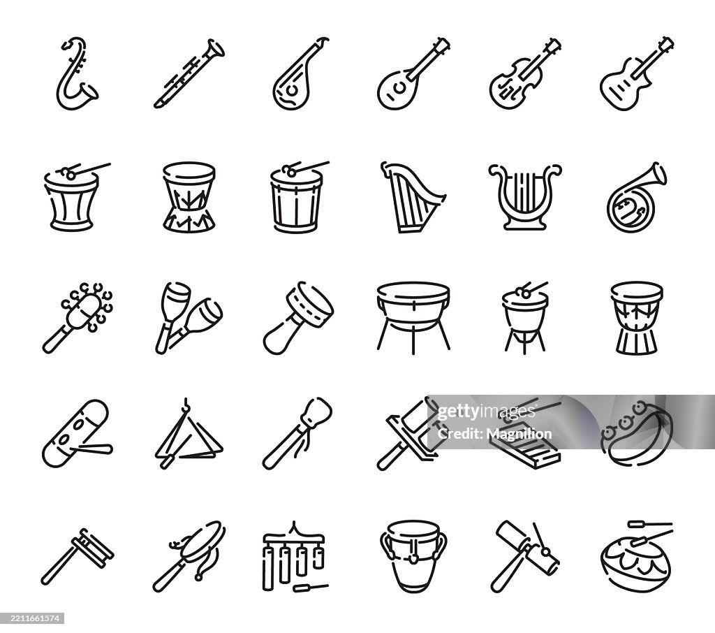 Musical instruments including drums, string instruments, percussion, and wind instruments