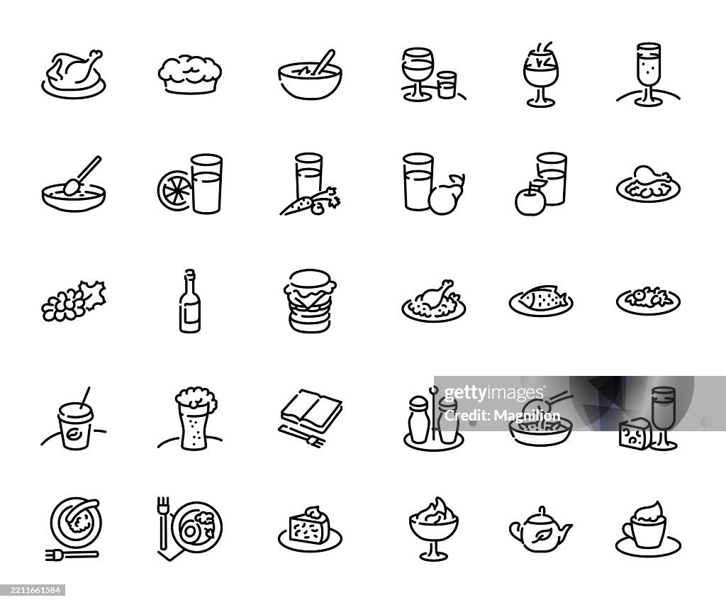 Food and Drink Icons Including Dishes, Beverages, Ingredients, Utensils, and Desserts, Vector Line Icons Set, Editable Stroke