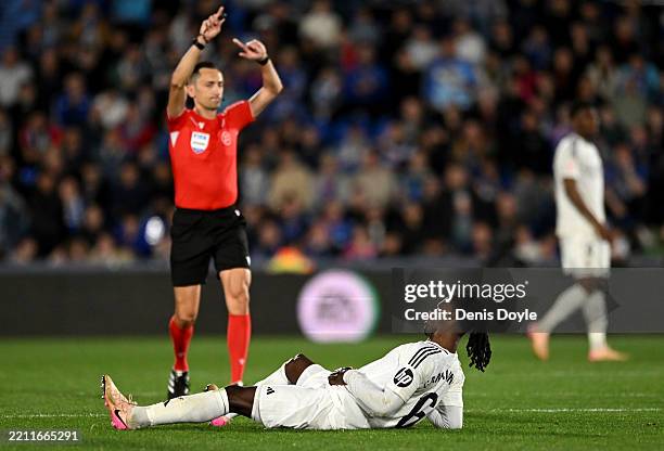 Eduardo Camavinga of Real Madrid reacts on the floor with a injury during the LaLiga match between Getafe CF and Real Madrid CF at Coliseum Alfonso...