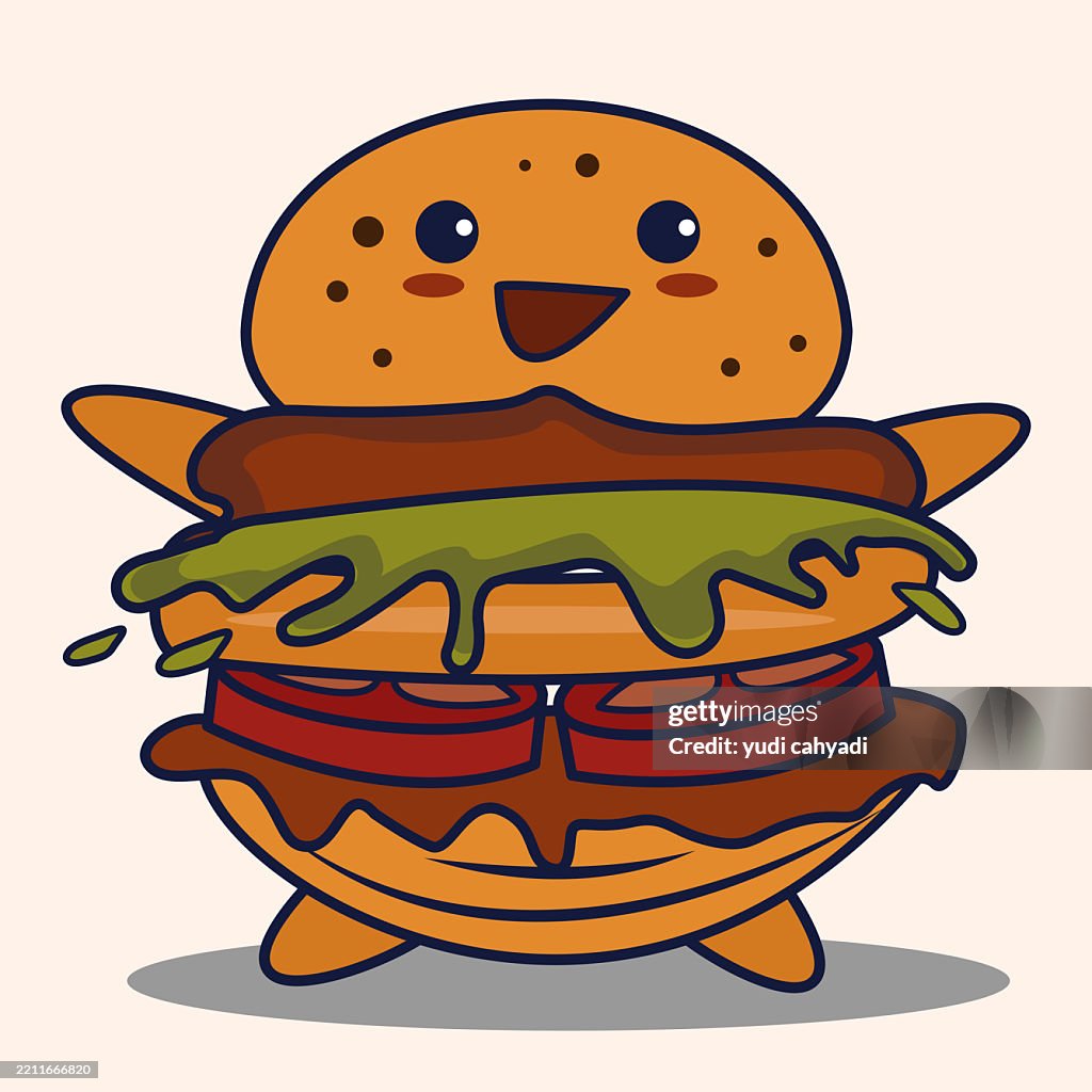 Cute Burger Cartoon Kawaii Character Illustration with Toppings