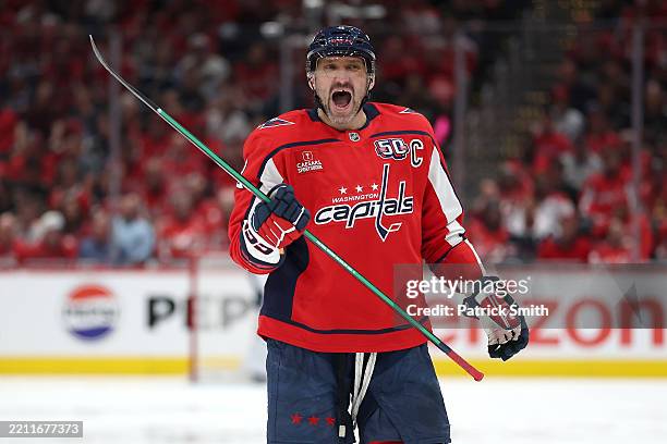 Alex Ovechkin of the Washington Capitals reacts after Christian Dvorak of the Montreal Canadiens scored a goal during the second period in Game Two...