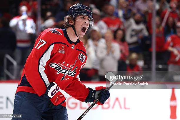 Dylan Strome of the Washington Capitals celebrates after scoring a goal against the Montreal Canadiens during the second period in Game Two of the...
