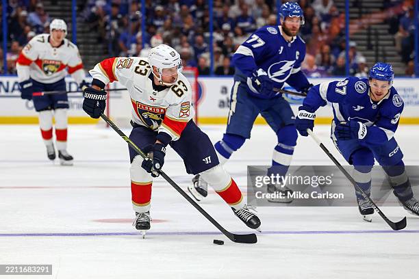 Brad Marchand of the Florida Panthers skates against the Tampa Bay Lightning in the first period of Game One of the First Round of the 2025 Stanley...