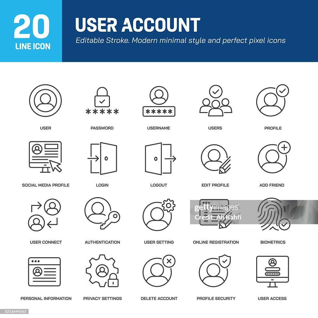 User account line icons. Editable stroke. Containinglogin, identity, access, password line icons collection. Vector illustration. For website design, logo, app, template, ui, etc