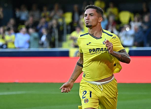 Villarreal's Spanish forward Yeremi Pino celebrates scoring his team's first goal during the Spanish league football match between Villarreal CF and...