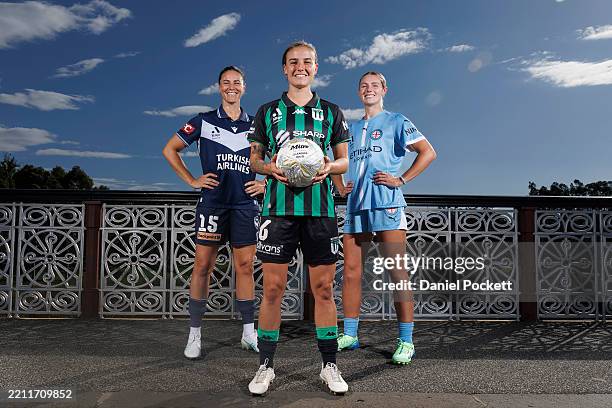Emily Gielnik of Melbourne Victory, Chloe Berryhill of Western United and Taylor Otto of Melbourne City pose for a photograph during the A-League...