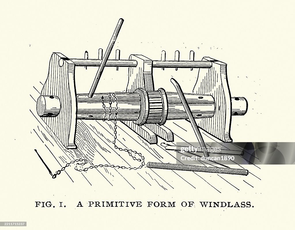 Maritime History, Primative Ship's windlass or capstan, Victorian, 19th Century, Vintage illustration
