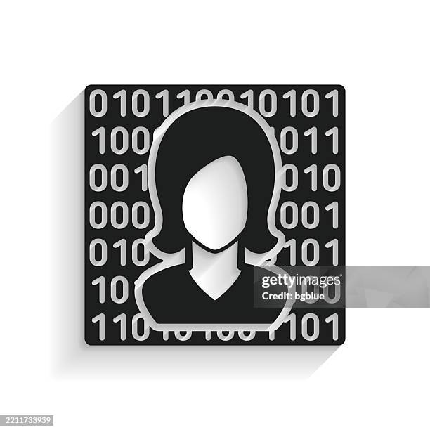 female face with binary code. icon with long shadow on white background - computer code face stock illustrations