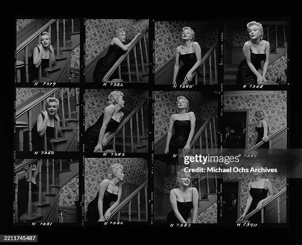 Contact sheet with twelve frames showing American actress and singer Marilyn Monroe posing by a staircase balustrade as she hosts a press party at...