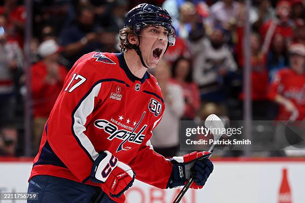 Dylan Strome of the Washington Capitals celebrates after scoring a goal against the Montreal Canadiens during the second period in Game Two of the...