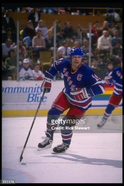 Center Mark Messier of the New York Rangers moves down the ice during a game against the Buffalo Sabres at Memorial Auditorium in Buffalo, New York....