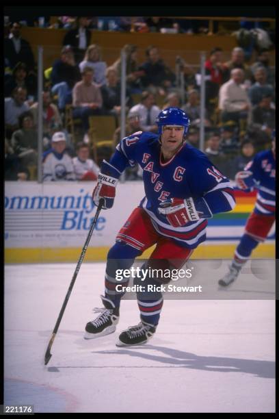 Center Mark Messier of the New York Rangers moves down the ice during a game against the Buffalo Sabres at Memorial Auditorium in Buffalo, New York....
