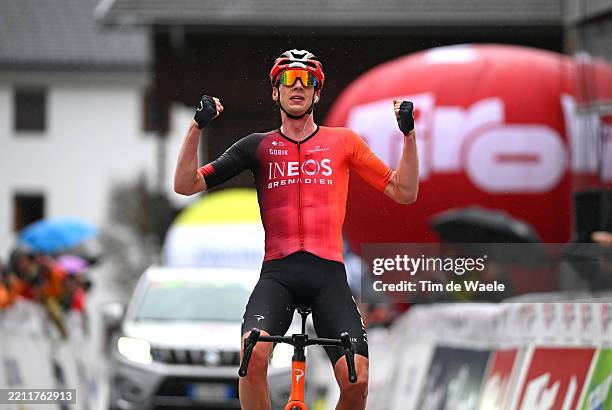 Thymen Arensman of Netherlands and Team INEOS Grenadiers celebrates at finish line as stage winner during the 45th Tour of the Alps 2025, Stage 4 a...