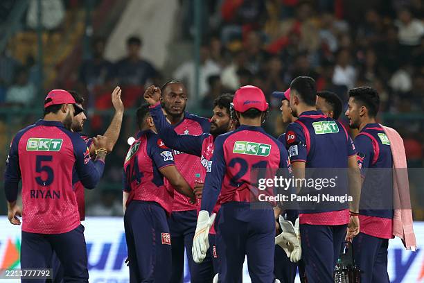 Wanindu Hasaranga of Rajasthan Royals celebrates the wicket of Phil Salt of Royal Challengers Bengaluru during the 2025 IPL match between Royal...