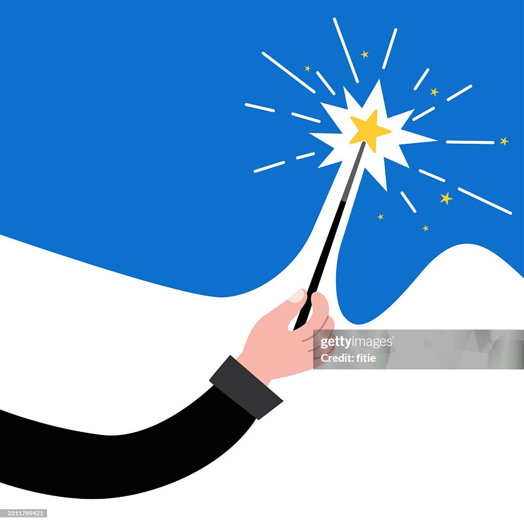 Vector illustration of a hand holding a glowing magic wand with a sparkling star tip, minimalist style.