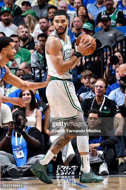 Jayson Tatum of the Boston Celtics dribbles the ball during the game against the Orlando Magic during Round 1 Game 4 of the 2025 NBA Playoffs on...