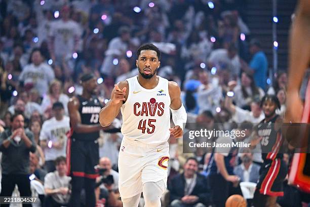 Donovan Mitchell of the Cleveland Cavaliers celebrates during the first quarter of game two of the first round of the Eastern Conference Playoffs...