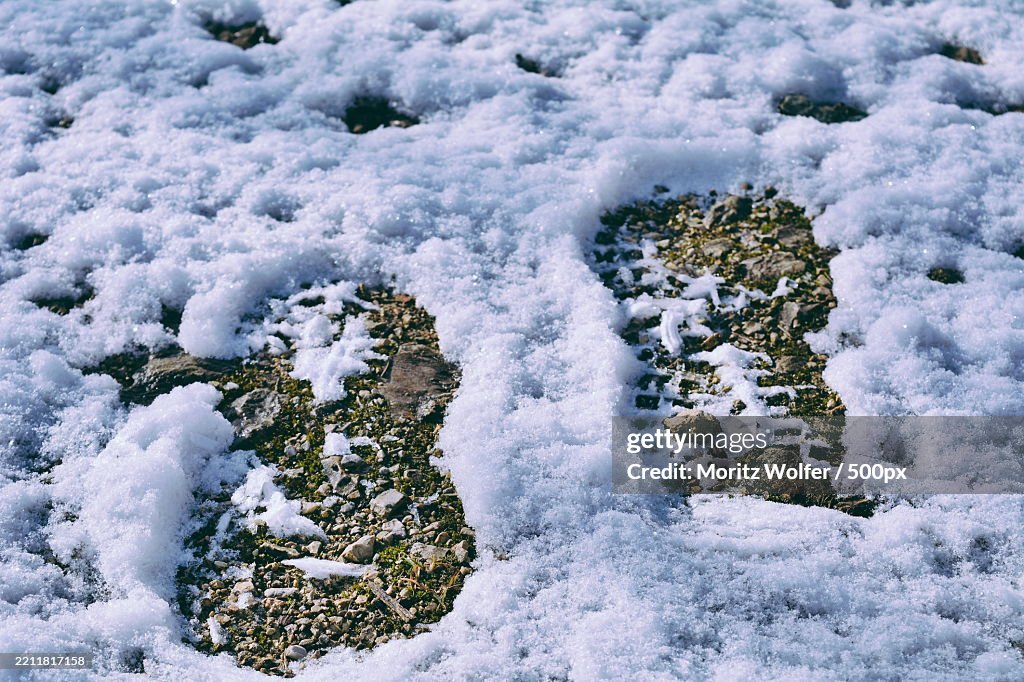 Close view of human footsteps in snow at winter time
