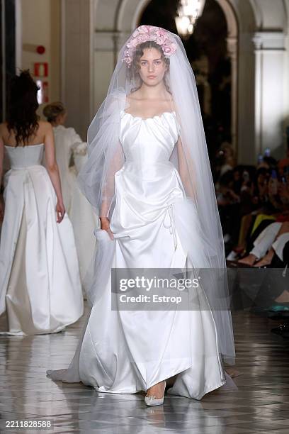 Model walks the runway at Vivienne Westwood fashion show during Barcelona Bridal Fashion Week 2025 at the Universsitat de Barcelona on April 24, 2025...