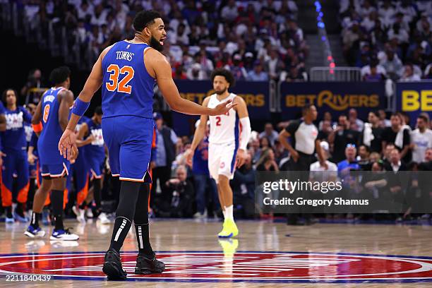 Karl-Anthony Towns of the New York Knicks reacts during the first quarter against the Detroit Pistons in Game Three of the Eastern Conference First...