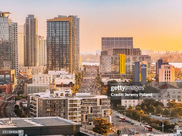 aerial view of the pacific highway, san diego county administration center at sunset - san diego stock pictures, royalty-free photos & images