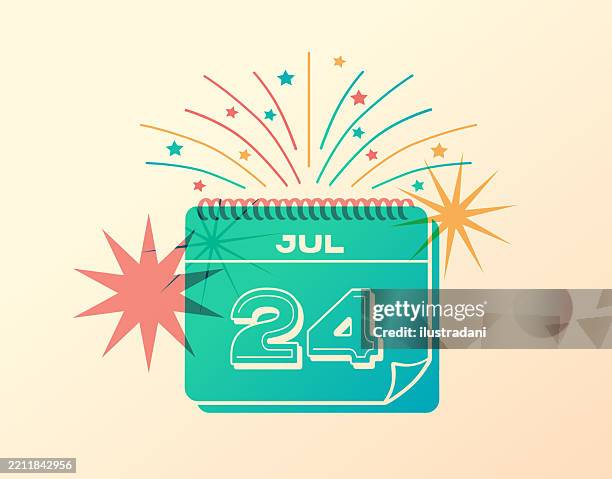 july 24 daily festive calendar icon with stars and fireworks - july stock illustrations