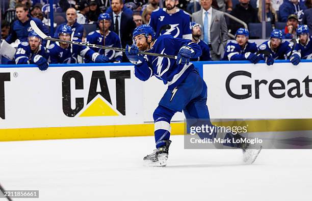 Nick Perbix of the Tampa Bay Lightning skates against the Florida Panthers of Game Two of the First Round of the 2025 Stanley Cup Playoffs at Amalie...