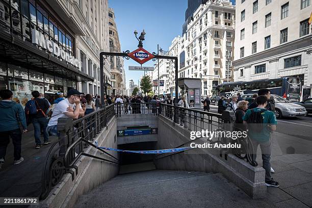 Entrance of metro is blocked as a widespread power outage strikes Spain and Portugal around midday Monday while the causes are still unknown in...