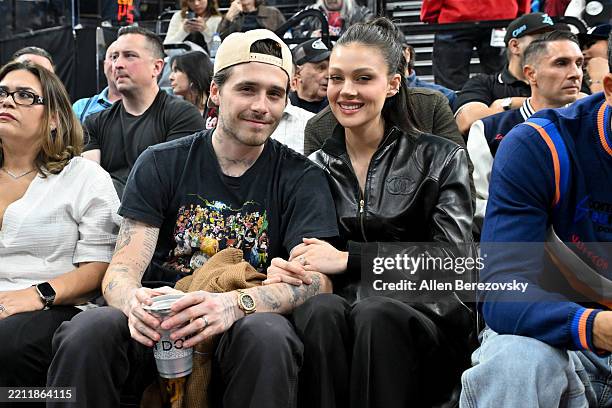 Brooklyn Beckham and Nicola Peltz attend a basketball game between the Los Angeles Clippers and the Denver Nuggets at Intuit Dome on April 24, 2025...