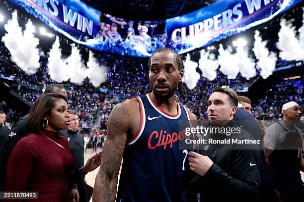 Kawhi Leonard of the Los Angeles Clippers reacts after defeating the Denver Nuggets in Game Three of the Western Conference First Round NBA Playoffs...