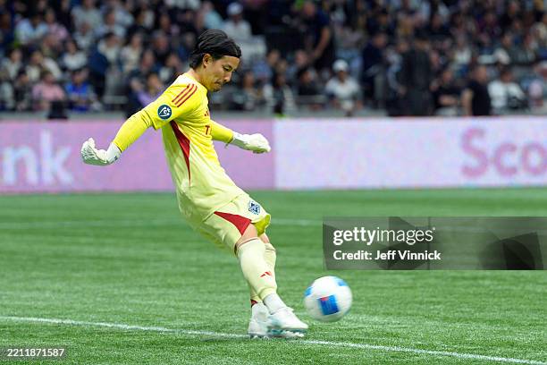 Yohei Takaoka the of the Vancouver Whitecaps FC shoots during the CONCACAF Champions Cup Semi-final first leg match between Vancouver Whitecaps and...