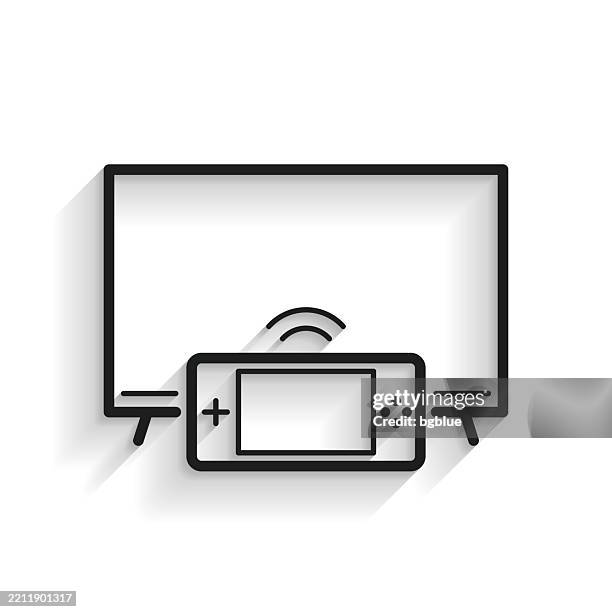 tv with handheld game console. line icon with long shadow on white background - remote control white background stock illustrations