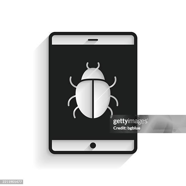 tablet pc with bug. icon with long shadow on white background - malware bug icon stock illustrations