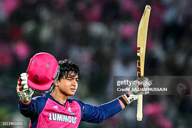 Rajasthan Royals' Vaibhav Suryavanshi celebrates after scoring a century during the Indian Premier League Twenty20 cricket match between Rajasthan...