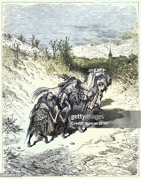 ilustraciones, imágenes clip art, dibujos animados e iconos de stock de sancho panza ayudando al herido don quijote, ilustración de gustave dore - don quixote horse