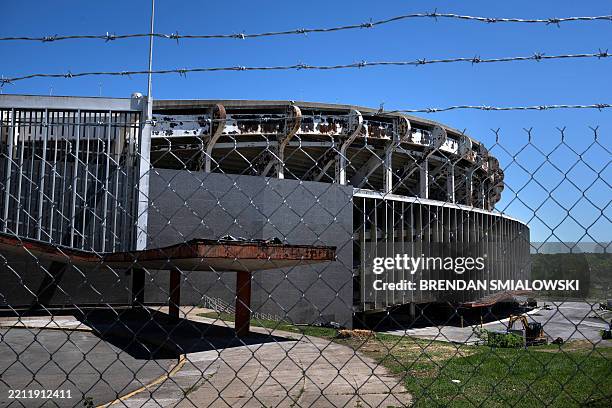 View of the Robert F. Kennedy Stadium, defunct and currently under demolition, in Washington, DC, on April 28, 2025. The Washington Commanders NFL...