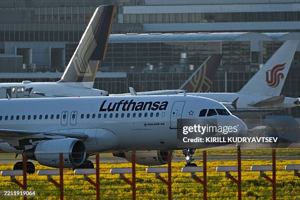 Jet of German airline Lufthansa is pictured at the airport in Frankfurt am Main, western Germany, on April 28, 2025. Lufthansa will announce its...