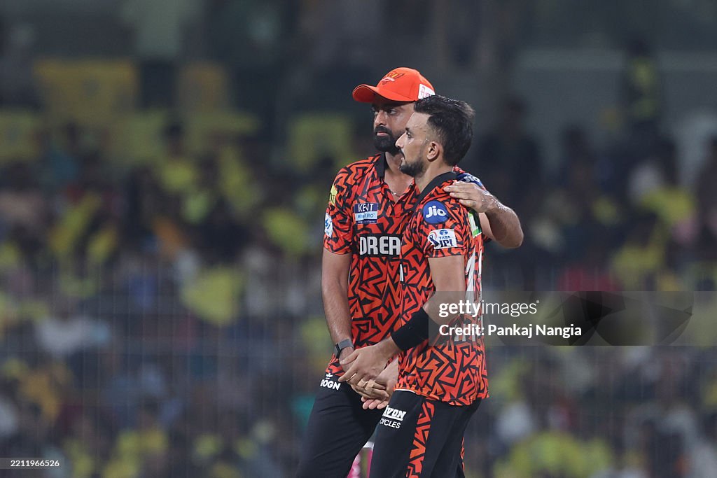 Harshal Patel of Sunrisers Hyderabad celebrates the wicket of MS