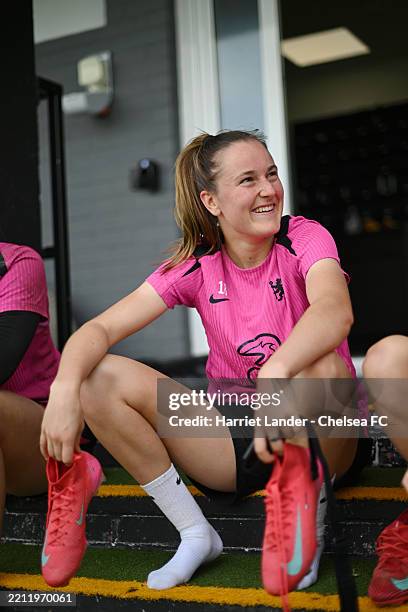 Wieke Kaptein of Chelsea looks on during a Chelsea FC Women's Training Session at Chelsea Training Ground on April 25, 2025 in Cobham, England.