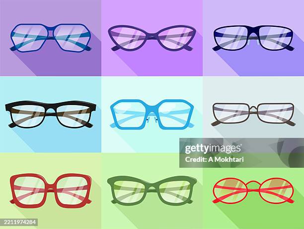 illustrazioni stock, clip art, cartoni animati e icone di tendenza di collezione di occhiali colorati su sfondo pastello. - occhiali da lettura