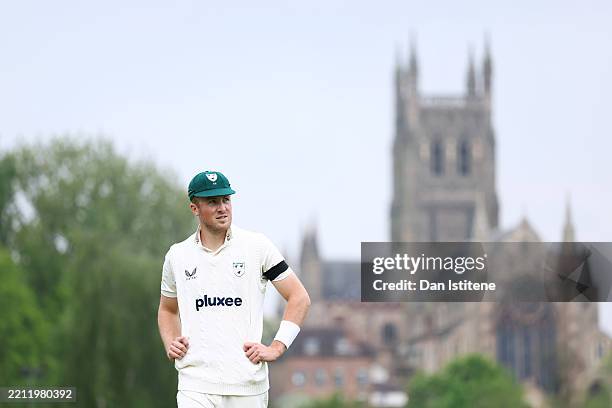 Ben Allison of Worcestershire looks on during the Rothesay County Championship match between Worcestershire and Durham at Visit Worcestershire New...