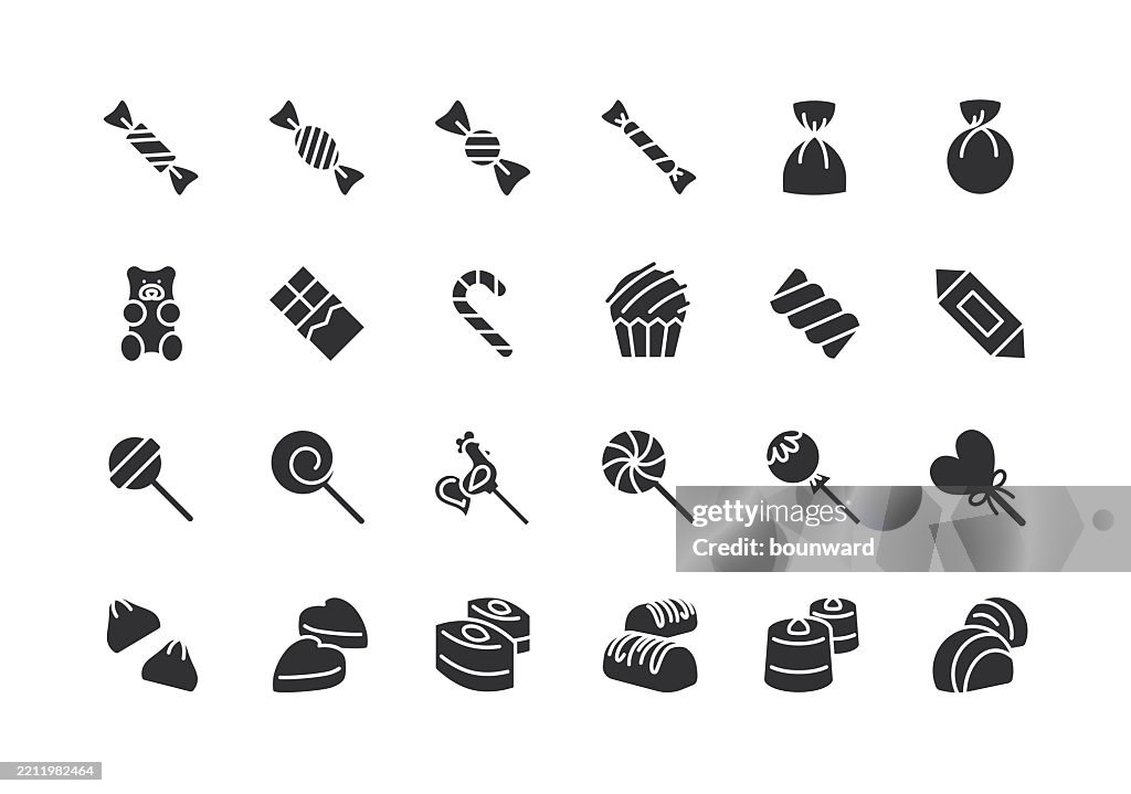 Iconos negros planos de dulces y caramelos. Vector