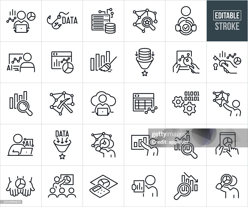 Statistician Thin Line Icons - Editable Stroke - Icons Include Data Analyst, Data Scientist, Statistics, Analysis, Data, Big Data, Data Analytics, Data Analysis, Data Set, Graphs, Charts, Artificial Intelligence, Data Science, Scrutiny, Quantifying