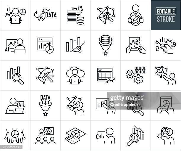 statistician thin line icons - editable stroke - icons include data analyst, data scientist, statistics, analysis, data, big data, data analytics, data analysis, data set, graphs, charts, artificial intelligence, data science, scrutiny, quantifying - virtual business strategy stock illustrations