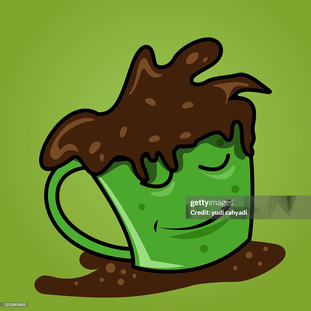 Cute Green Mug Overflowing with Chocolate – Playful Food Illustration