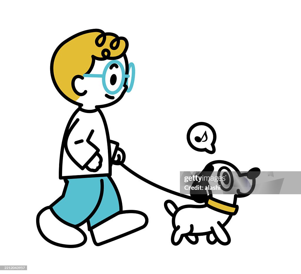 A cute boy, smiling, walking a dog, side view, black outline with flat colors, minimalist style