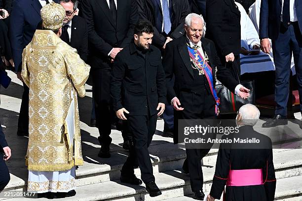 Ukraine's President Volodymyr Zelensky arrives at the funeral of Pope Francis in St. Peter’s Square on April 26, 2025 in Vatican City, Vatican. Pope...